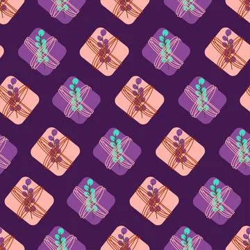 Seamless pattern with soft pink and violet gift boxes with plants. Cute holiday Stock Illustration
