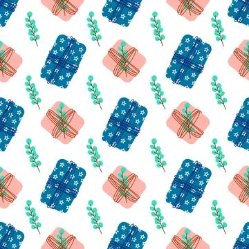 Seamless pattern with soft pink and blu gift boxes. Cute holiday print. Vector Stock Illustration