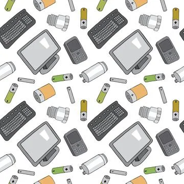 Seamless pattern with sorted e-waste garbage isolated on white Stock Illustration