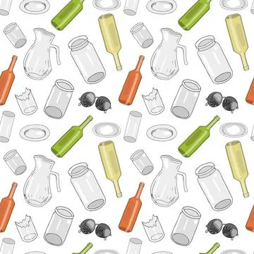 Seamless pattern with sorted glass garbage isolated on white background. Stock-Illustration