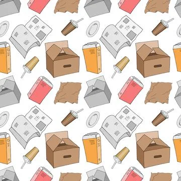 Seamless pattern with sorted paper garbage isolated on white background. Stock Illustration