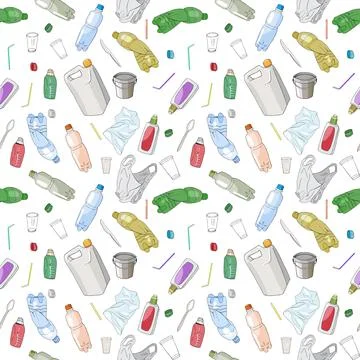 Seamless pattern with sorted plastic garbage isolated on white background. Stock-Illustration