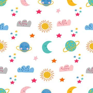 Seamless pattern - space elements in cartoon style Stock Illustration