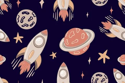 Seamless pattern of space elements cartoon design space rockets planets stars Stock Illustration