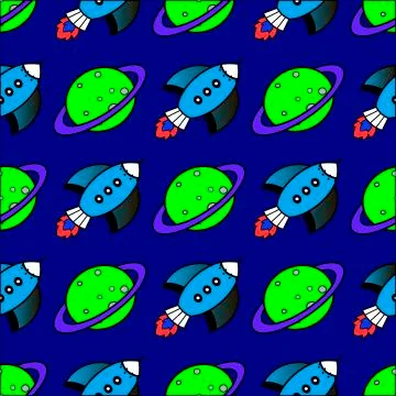Seamless pattern with space elements, rockets and planets Stock Illustration