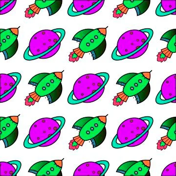 Seamless pattern with space elements, rockets and planets Stock Illustration