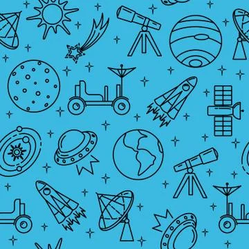 Seamless pattern with space icons in thin line style Stock Illustration