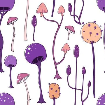Seamless pattern of space mushrooms in cartoon style on light background Illustrazione stock