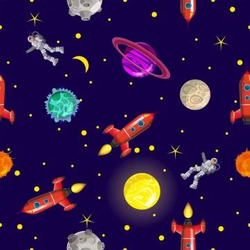 Seamless pattern space planets, rockets and stars Illustrazione stock