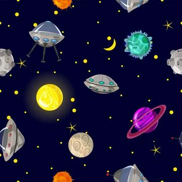 Seamless pattern space planets, rockets and stars Stock Illustration