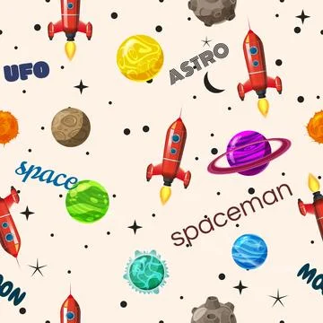 Seamless pattern space planets, rockets and stars Stock Illustration