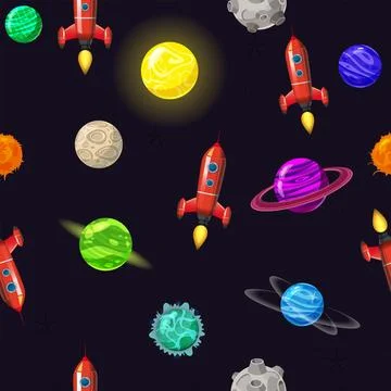 Seamless pattern space planets, rockets and stars Stock Illustration