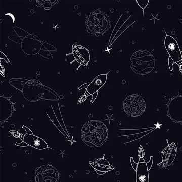 Seamless pattern space planets, rockets and stars Stock Illustration