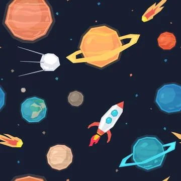 Seamless pattern with space, planets, satellites, meteorites and missiles. Stock Illustration