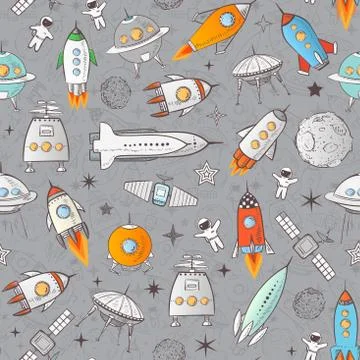 Seamless pattern with space rockets and other elements on grey background. Ca Illustrazione stock
