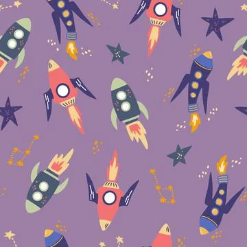 Seamless pattern with space rockets and stars. Spaceship, Constellations. Spa Stock Illustration