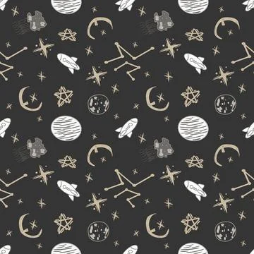 Seamless pattern space stars and planet on dark background. For printing on chil Stock Illustration
