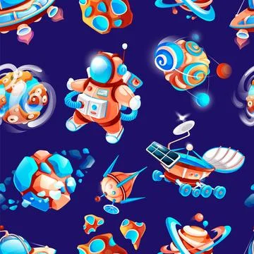 Seamless pattern with space theme, astronaut, shuttle, spaceship, asteroids Stock Illustration