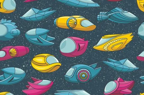Seamless pattern with spacecrafts and stars Stock Illustration