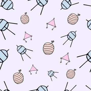Seamless pattern with spaceship and planets on pink background, vector Stock Illustration