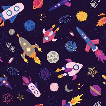 Seamless pattern with spaceship, rockets, planets, stars, moon, comets, sun Stock Illustration