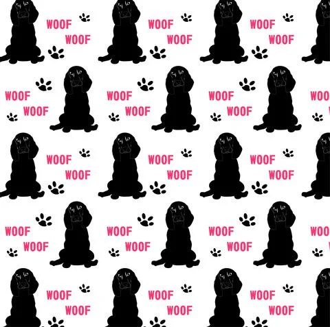 A seamless pattern with spaniel dogs and paws 스톡 일러스트