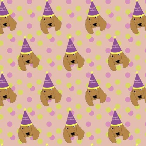 A seamless pattern with spaniel dogs in birthday hats 스톡 일러스트