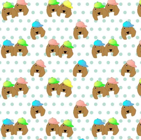 A seamless pattern with spaniel dogs in colourful caps 스톡 일러스트