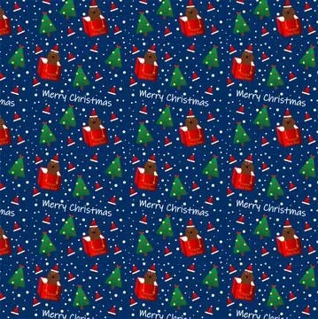 A seamless pattern with spaniel dogs, New year trees and Santa Claus hats 스톡 일러스트