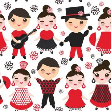 Seamless pattern Spanish flamenco dancer. Kawaii cute face with pink cheeks a Stock Illustration