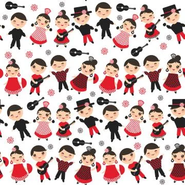 Seamless pattern Spanish flamenco dancer. Kawaii cute face pink cheeks winkin 스톡 일러스트