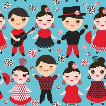 Seamless pattern Spanish flamenco dancer. Kawaii cute face with pink cheeks a Stock Illustration