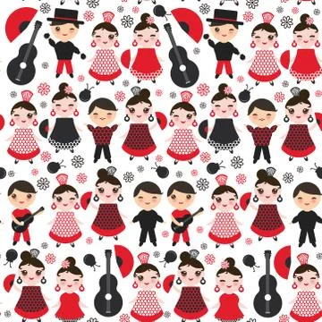Seamless pattern Spanish flamenco dancer. Kawaii cute face with pink cheeks a 스톡 일러스트