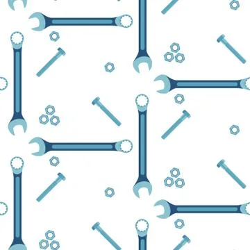 Seamless pattern of spanners, bolts and nuts on a white background. Vector. Stock Illustration