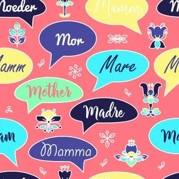 Seamless pattern with speech bubbles and words Mother. Vector. Illustrazione stock
