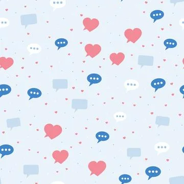 Seamless pattern with speech bubbles and pink hearts on light blue background, Stock Illustration