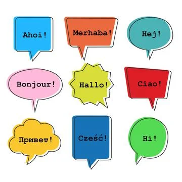 Seamless pattern with speech bubbles with the word hello in different languages. Stock Illustration