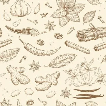 Seamless pattern with spices and aromatic plants. Hand-drawn detailed vecto.. Stock Illustration