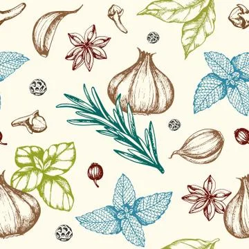 Seamless pattern with spices and herbs. Stock Illustration