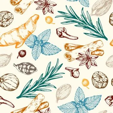 Seamless pattern with spices and herbs. Illustrazione stock