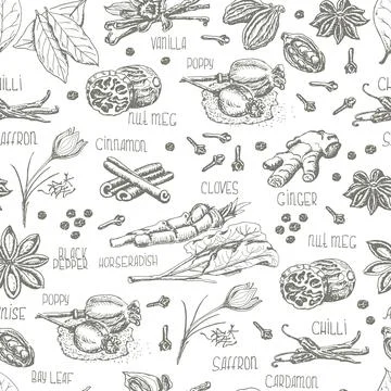 Seamless pattern with spices on a white background Stock Illustration