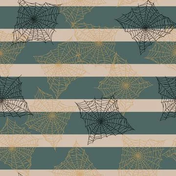 Seamless pattern spider web isolated on green striped background. Outline spo Ilustración de archivo