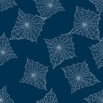 Seamless pattern spider web isolated on blue background. Outline spooky cobwe Stock Illustration