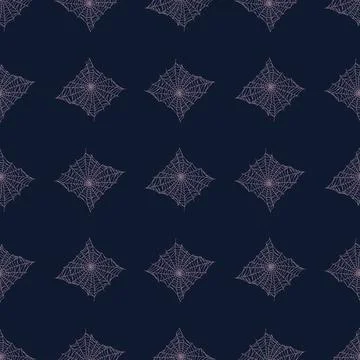 Seamless pattern spider web isolated on dark blue background. Outline spooky  Stock Illustration