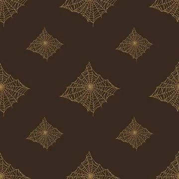 Seamless pattern spider web isolated on brown background. Outline spooky cobw Ilustración de archivo