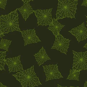 Seamless pattern spider web isolated on green background. Outline spooky cobw Stock Illustration