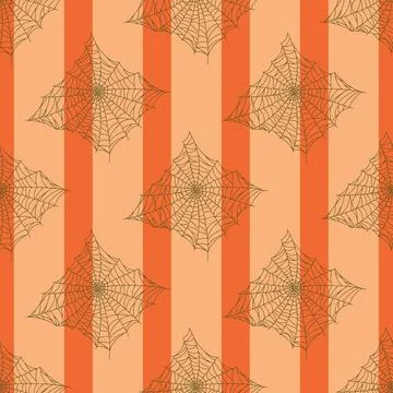 Seamless pattern spider web isolated on orange striped background. Outline sp Stock Illustration