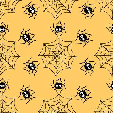 Seamless pattern with spiders and cobweb. Vector illustration isolated on ora Stock Illustration