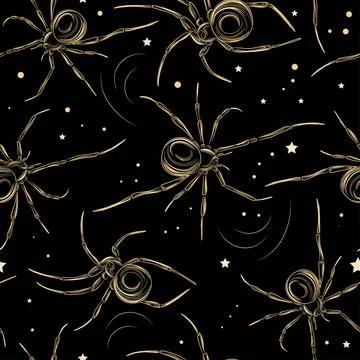 Seamless pattern with spiders and stars. Halloween mood pattern. Black backgr Stock Illustration