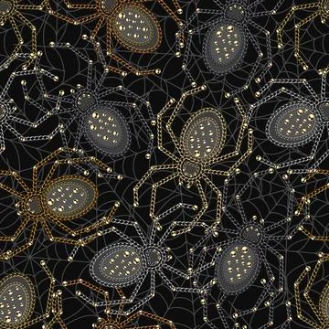 Seamless pattern with spiders of chain, ball beads, buttons, spiderweb Stock Illustration